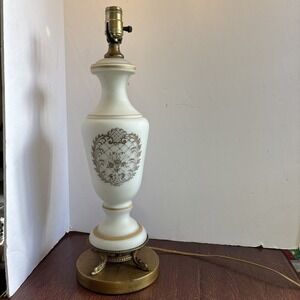 Vintage frosted glass table lamp with gold hand‎ painted flowers on footed base